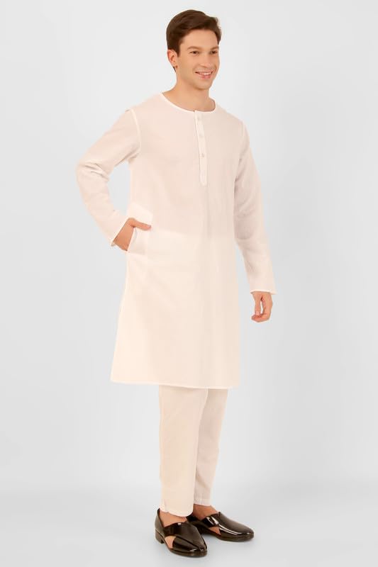 Mens Indian Casual Cotton Kurta Pajama Set - White - Crew Neck2