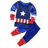 DISEÑO DE ALTA CALIDAD: Este es un excelente pijama azul de Capitán América para niños que aman Marvel. La parte superior es azul con estrellas del Capitán América, larga