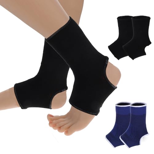 2 pares de tobillos transpirables para niños, elásticos, para esguinces de tobillo, protección deportiva, tobilleras, calcetines para talón, jóvenes de 6 a 14 (negro y azul)