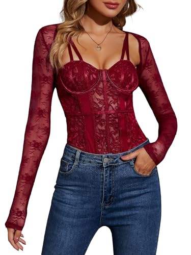 Image of JOKELAMB Women's Lace Mesh Bolero Shrug, Long Sleeve Crop Cardigan | Lace, Long Sleeve, Y2K, Floral,Adds Elegant Arm Coverage for Camisoles Dresses