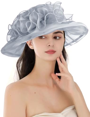 ORIDOOR Womens Organza Cloche Bowler Hat Derby Fascinator for Tea Party Bridal Wedding Hat 013-Silver Gray