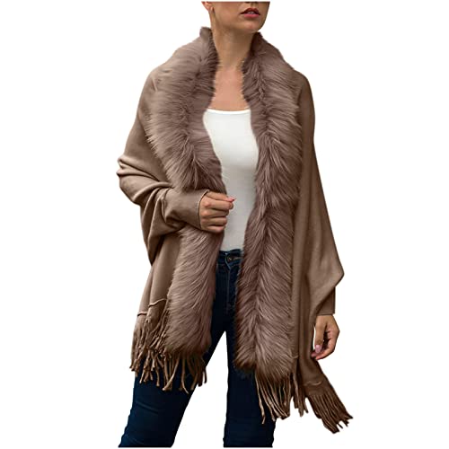 Women Luxury Bridal Faux Fur Shawl Wraps Cloak Coat Sweater Cape Stylish Cozy Long Sleeve Open Front Fringe Cardigan