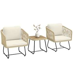 Outsunny Rattan Bistroset 3 teiliges FSC Akazienholz Gartenmöbel-Set mit 2 Sessel, Lamell-Tisch, Dicke waschbare Kissen Stahlrahmen, Balkonmöbel-Set Sitzgruppe Gartengarnitur für Garten Cremeweiß