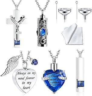 weikui 5 Pieces Cremation Urn Necklace Heart for Ashes Crystal Heart/Cross/Cylinder/Cubic Memorial Locket Stainless Steel Pendant Necklace for Women Men Keepsake