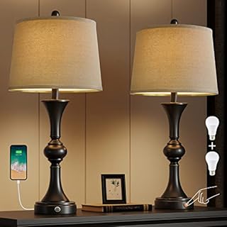 Oneach 3 Way Dimmable Touch Control USB Table Lamps Set of 2 for Living Room Bedroom 28“ Modern Traditional Industrial Nightstand Bedside Lamp with Linen Shade Black(Bulb Included)