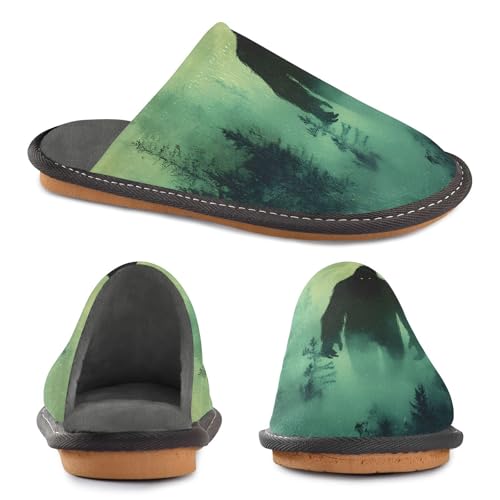 Green Sasquatch House Slippers for Women Men, Warm Slipper Rubber Sole Memory Foam Indoor Outdoor 4-52