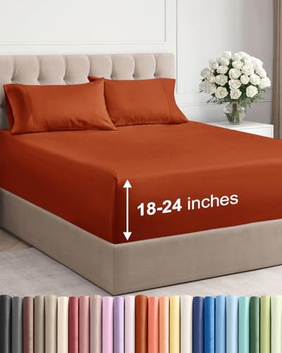 Extra Deep Pocket King Sheets - 4 Piece Breathable & Cooling Bed Sheets - Hotel Luxury Bed Sheet Set - Soft, Wrinkle Free & Comfy - Easily Fits Extra Deep Mattresses - Deep Pocket Terracotta Sheets
