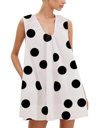 Image of Women Summer Sleeveless Babydoll Mini Dress Scoop Neck Loose Fit Tank Dresses Party Ruched Short Dress with Pockets