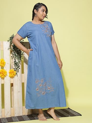 Image of 9shines Label Stylish Denim Cotton Nighty Maxi for Women | Full Length Trendy Nightgown | Premium Nightdress | Nightwear | Embroidery Nighty with Pocket (9SDS)