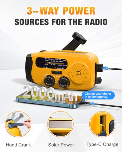 Image of Hand Crank Radio with AM /FM /NOAA Weather Bands,for Emergencies, Camping | 3 LED Flashlights,SOS Function,Solar Powered,Hand Cranked, 2000mAh /7400mWh Charger,for Power Outage - Orange