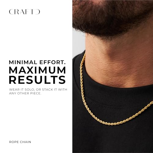 CRAFTD | Gold Rope Link Chain | Durable 18K Gold & 316L Stainless Steel | Waterproof, Heat & Sweat Resistant | Gifts for Men | Men's Jewelry |2