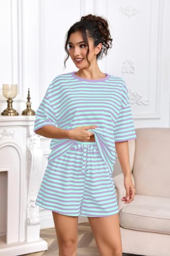 Image of Ythomm Striped Pajamas Shorts Sets Women 2 Piece Lounge Outfits Short Sleeve Tees Drawstring Shorts Summer Matching Pj Sets