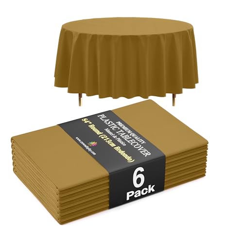 Image of Exquisite 66% Thicker Premium Gold Round Tablecloth 0.5 Mil 6 Pack Plastic Table Cloth Disposable 84 Inch Round Plastic Tablecloth Won't Tear Easily Like Cheap Thin Brands