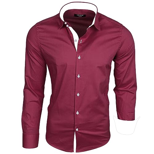 Subliminal Mode - Chemise Homme Coupe Ajuster Col et Manche Bicolore avec Un Repassage Facile Manches Longues Casual S500 Couleur Bordeaux Taille L