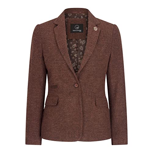 Damen Blazer Tweed Herringbone Wolle Klassisch Smart Casual Vintage Rost...