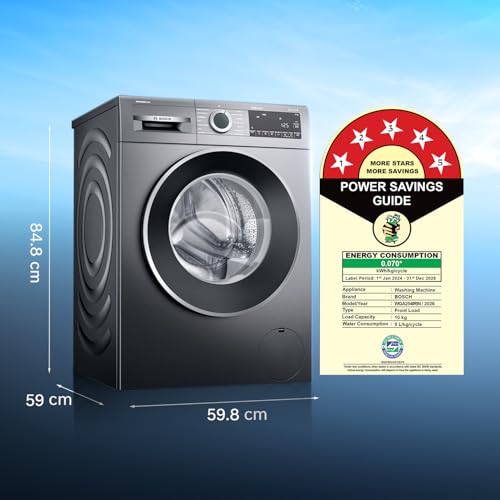 Image of Bosch 10 kg 5 Star Front Load Fully Automatic Washing Machine, AI ActiveWater, Automated Dosing of Detergent(ADOS),Inbuilt heater,14 Wash Programs,60L Large Drum,Cast Iron Grey,WGA254IRIN (2026 model)