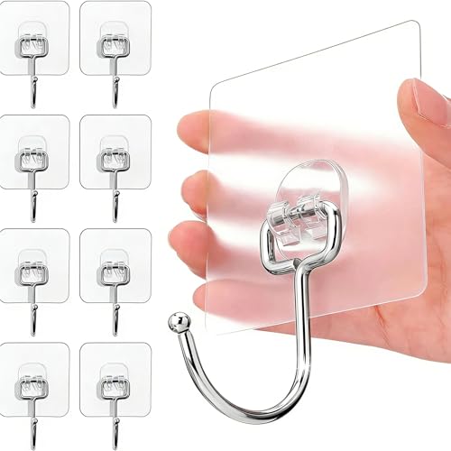 Charfia 8PCS Heavy Duty Wall Hooks - Max 15kg, Self Adhesive, Large Plastic, Transparent, Waterproof for Home, Kitchen, Bathroom, Office