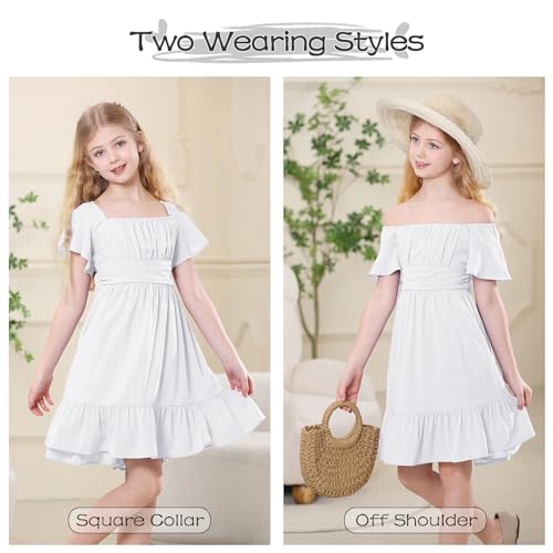 Zando Girls Dresses Tie Back Dress for Girls Ruffle Short Sleeve Dresses Tween Kids Off Shoulder Junior Dress 6-16 Years3