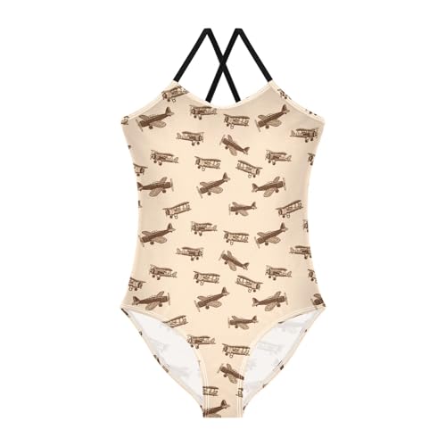senya Girls Swimsuits One-Piece Swimwear Tie Bathing Suit Beach Summer Round Neck 9-10T Retro Airplane Pattern