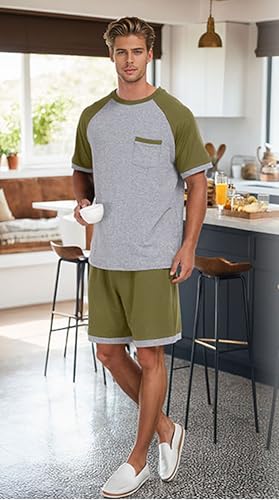 Image of Mens Pajamas Set Lightweight Summer Pjs Sleepwear Soft Comfy Short Sleeve Loungewear With Pocket (S-4X)