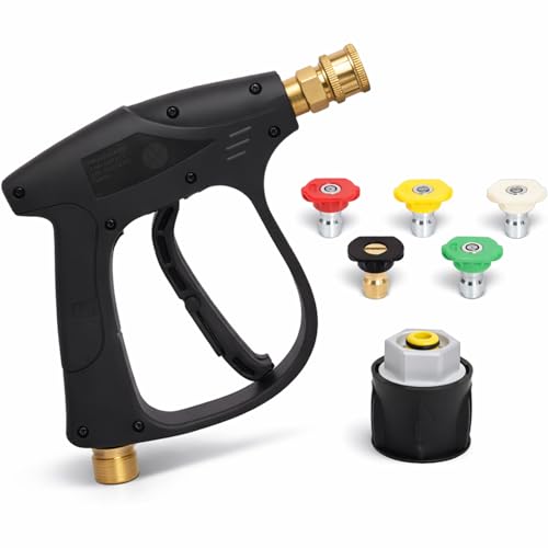 High Pressure Washer Gun Handle with Brass Fitting Compatible with Karcher & Most Pressure Washers by Poweka 1/4 Quick Connector & Adapter with 5 Nozzles