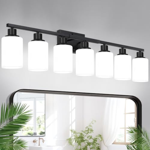 Image of Indoi 7-Light Bathroom Light Fixtures, Matte Black Modern Vanity Lights with Milky White Shades, Bathroom Wall Lamp for Mirror Living Room Cabinet Bedroom Porch