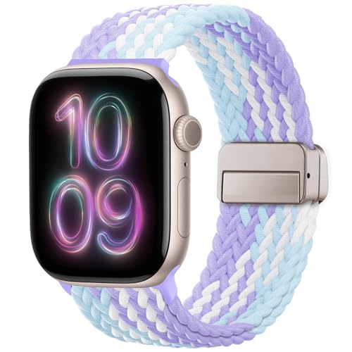 Image of Braided Stretchy Band Compatible with Apple Watch Bands 38mm 40mm 41mm 42mm 44mm 45mm 46mm 49mm Women Men, Soft Nylon Solo Loop Magnetic Sport Strap for iWatch Series 11 10 9 8 7 6 5 4 3 2 1 SE Ultra