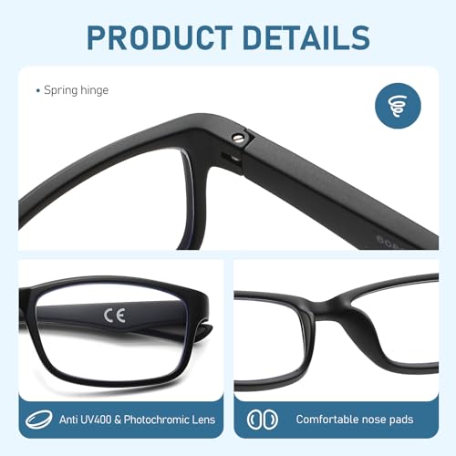 LKEYE Sport Reading Glasses Men Photochromic Lens Blue Light Blocking Computer Reader Wide Style Spring Hinge Eyeglass LK6082