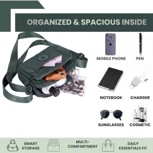 Image of TS WITH TECHSUN Small Crossbody Shoulder Bag for Women, Multi-Pocket Nylon Travel Handbag Messenger Purse, Adjustable Strap, Lightweight, Zipper Closure (21(L) X 16(H) X 9 (W) CM)