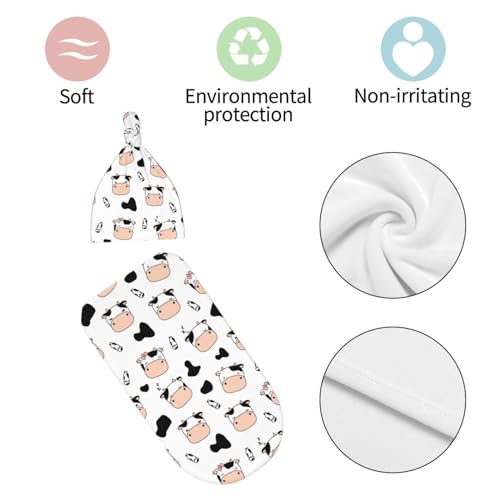 Image of Lcokin Cute Cow Swaddle Blanket Hat Set for Boys Girls, Soft Cow Print Newborn Sleeping Sack Receiving Blanket Shower Gift