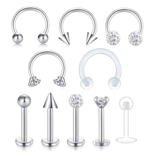 NTRUXZP 10 Stück Chirurgenstahl Lippenpiercing Stecker Set Silber Tragus Helix Piercing Schmuck, Piercing Tragus Helix Piercing Lippen Retainer Conch Piercing Ohrstecker