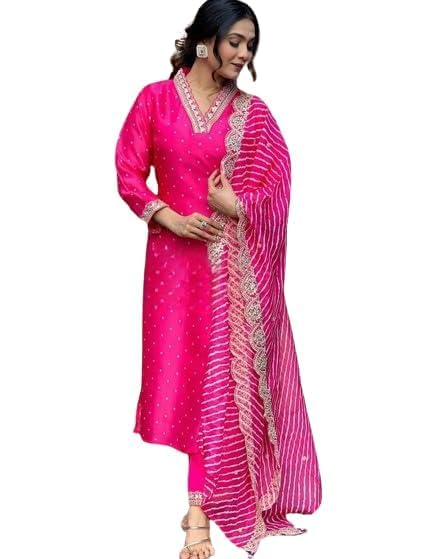 ROYALICA Women Bandhani Print Straight Kurta Set with Dupatta pink Women Kurta with Pant & Dupatta
