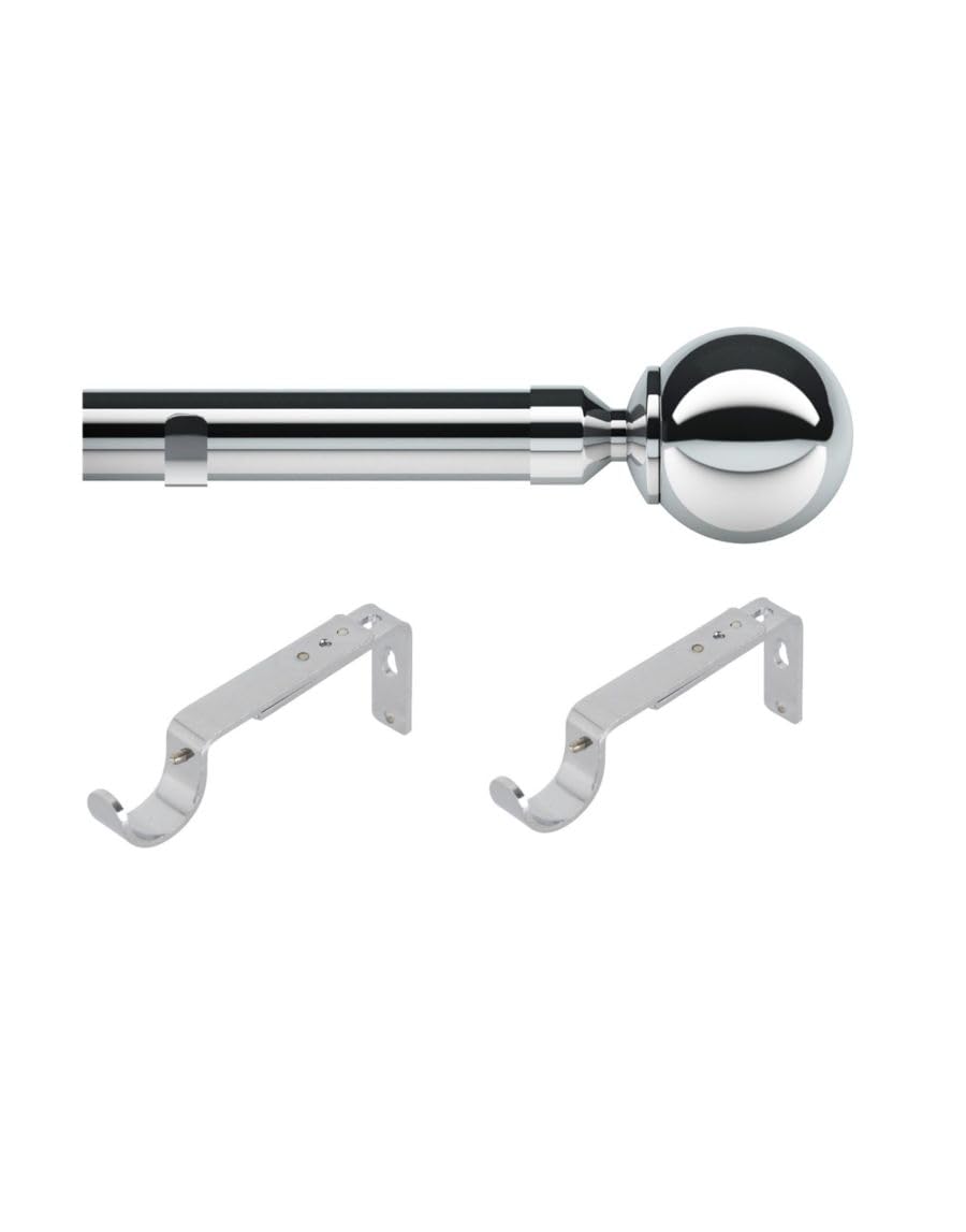 ABC Decor Curtain Pole, Trade Pole, Single 1 Piece pole, Ball Finials, Eyelet (No Rings), 200 cm, Chrome