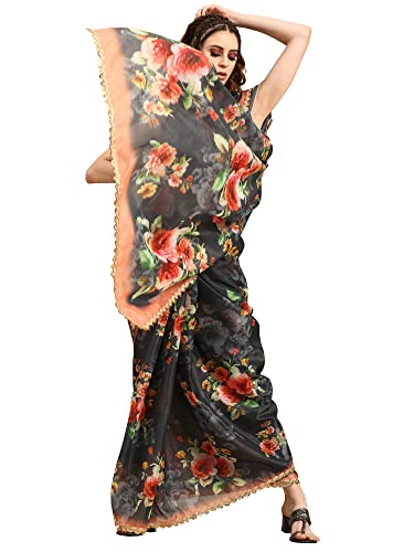 Image of AKHILAM Women's Organza Knit Embellished Saree with Unstitched Blouse Piece (FF0ROMFLO4 Parent)