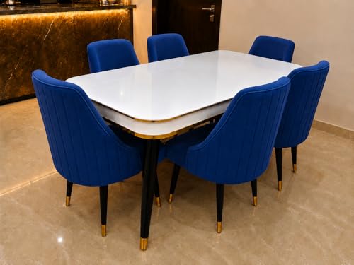 Image of WOODEN SPACE 6-Seater Wooden Dining Table Set | Nano Composite Marble Top | Solid Wood Base | Modern Dining Room Furniture with 6 Chairs (Navy Blue Infinity Backline)