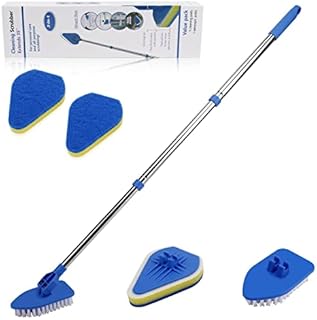 Shower Cleaning Brush, Globalstore 2 in 1 Scrub Brush Shower Scrubber for Cleaning, 37” Scrubbing Brush Bathtub Scrubber for Shower Floor Bathroom Wall Glass, 1 Stiff Bristle and 3 Sponge Brushes