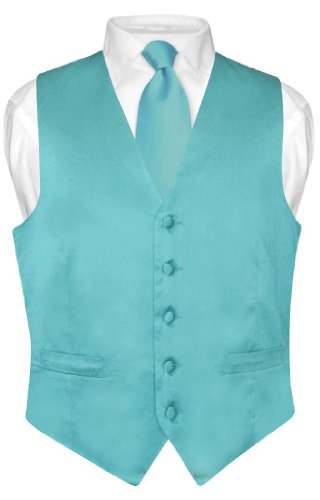 Men's SILK Dress Vest & NeckTie Solid TURQUOISE AQUA BLUE Neck Tie Set