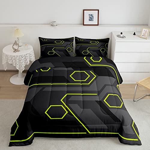 Loussiesd Juego de edredón de panal amarillo gris negro para niñas niños niños geometría hexagonal edredón de panal de abeja, decoración de habitación, juego de edredón hexagonal tamaño king