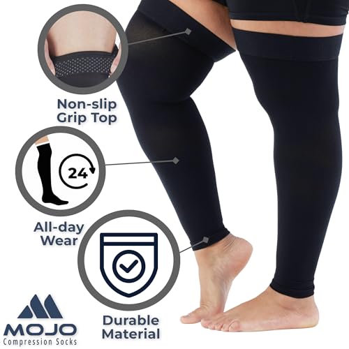mojo compression socks - 20-30mmhg graduated support thigh-hi leg sleeves with grip top - 10 sizes 5 colors - reduces swelling ideal for varicose veins lymphedema dvt treatment - 1 pair