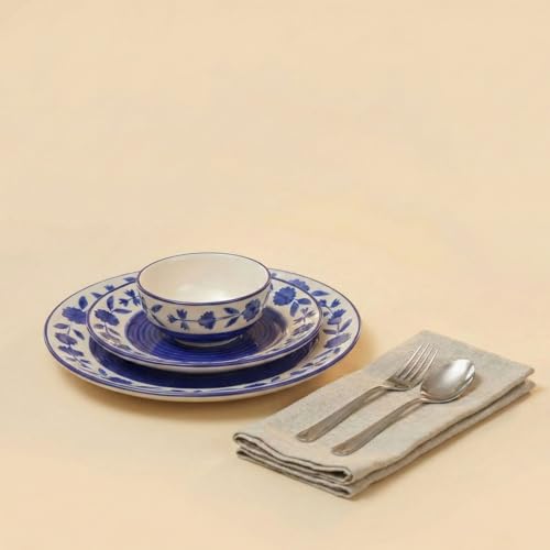 Image of Ceramic Dinner Set, Blue and White Floral Design, 18 Pieces, Microwave and Dishwasher Safe
