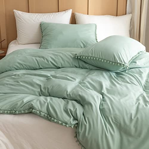 YIRDDEO Queen Comforter Set - Comforter Queen Size Sets with Ball Pom Fringe, Soft Bedding Set for All Seasons - 3 Pieces, 1 Comforter (90"x90") & 2 Pillow Shams (20"x26"), Sage Green