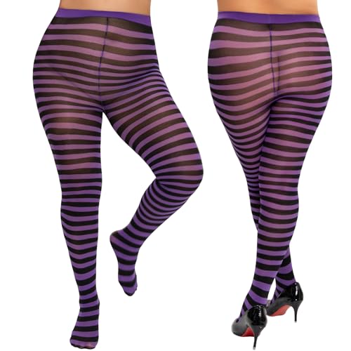 Image of MANZI 2 Pairs Women's Plus Size Colored Striped Tights 40D Nylon Striped Pantyhose for Halloween Christmas