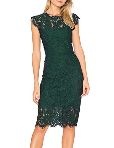 MEROKEETY Women's Sleeveless Lace Floral Elegant Cocktail Dress Crew Neck Knee Length for Party, Dark Green, Medium