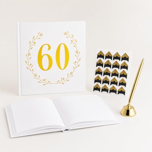 Image of Calculs 60th Birthday or Anniversary Guest Book, Gold Photo Album | 8.5-inch square hardcover keepsake book, 32 blank sheets for messages and instant photos, pen included