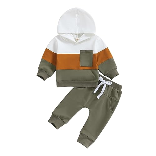 Ursobutegl Toddler Baby Boy Clothes Color Block Hooded Sweatshirt Pullover Jogger Pants 2Pcs Fall Winter Sweatsuit Outfit (#Army green outfit, 6-12 Months)