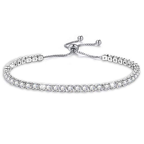 Adjustable Bolo Style Tennis Bracelets for Women White Gold Plated with Sparkling Cubic Zirconia