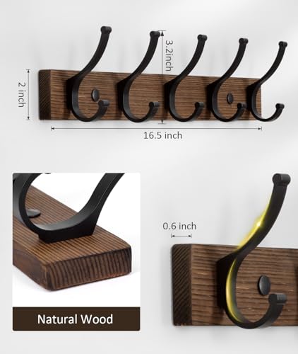 Image of Optish Coat Rack Wall Mount, 16.5 Inches Wood Coat Hooks, Wall Hooks for Hanging, Hat Rack Bag Hanger Key Holder for Wall, Purse Hanger Towel Racks for Bathroom (1Pack, Brown)