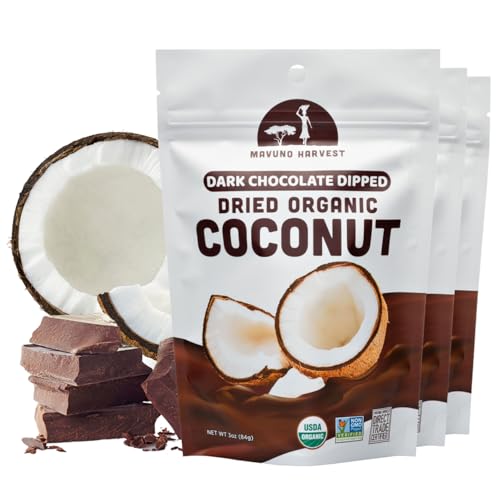 Mavuno Harvest Organic Chocolate Covered Coconut - Organic Dried Coconut Dipped in Dark Chocolate - Non GMO, Preservative Free, Fair Trade & Vegan Chocolate Treats - Healthy Chocolate Snack - 3 x 3 Oz