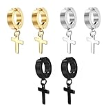 Paxuan Mens Womens Silver Gold Black Surgical Stainless Steel Hoop Huggie Earrings Cross Drop Dangle Earrings Set Hypoallergenic (3 Pairs)