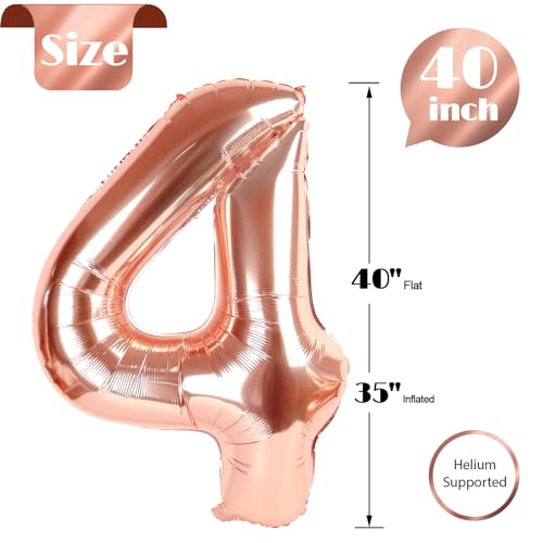 Image of Rose Gold Number 4 Balloon 40 Inch, 4th Birthday Party Decorations, Giant 4 Foil Balloon for Party Supplies